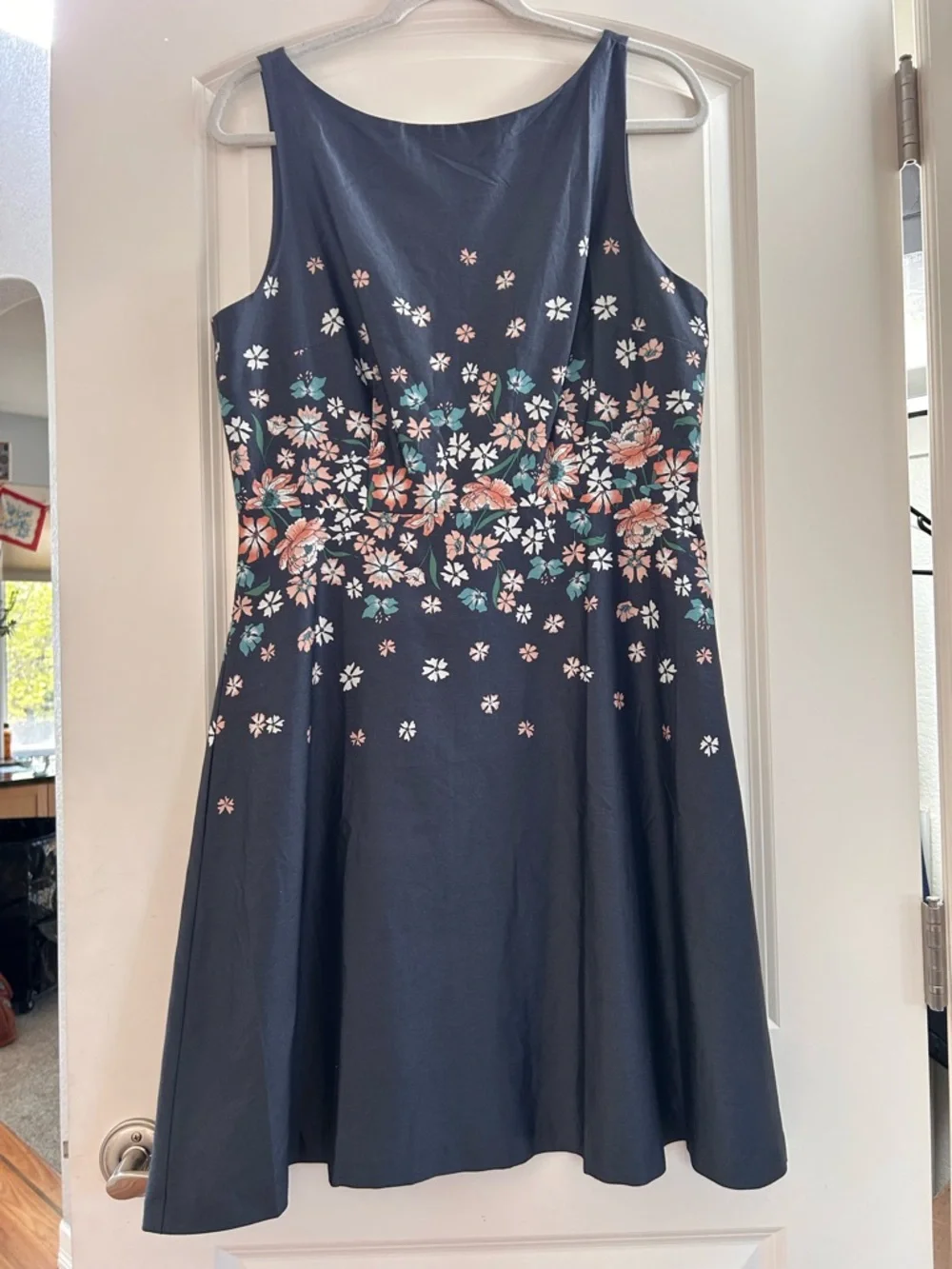 NWT Loft Outlet Blue Floral Sunshine Fit and Flare Boatneck Lined Dress. Midi. - Picture 2 of 7